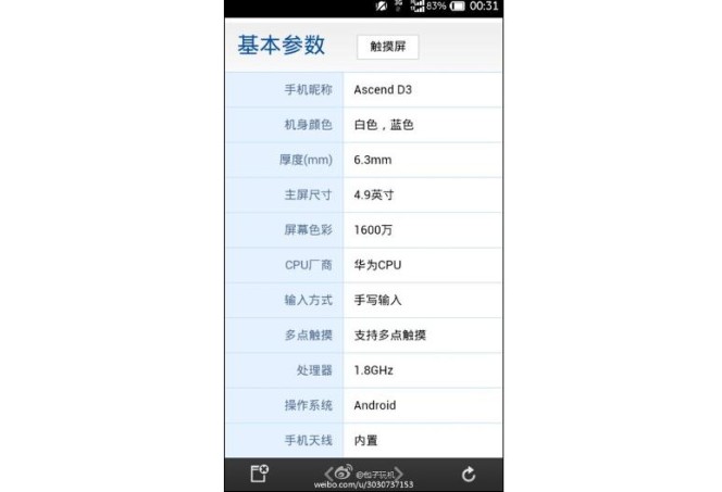 Cмартфон Huawei Ascend D3: некоторые подробности
